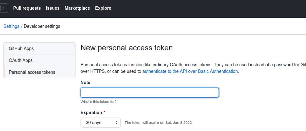 personal access token note